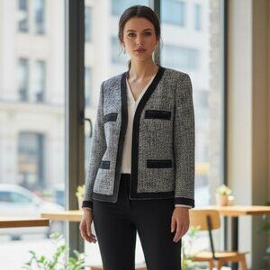 MICHAEL KORS Boucle Tweed Blazer 10 M Crop Jacket Grosgrain Ribbon Black Blue